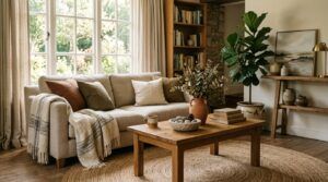 Cozy living room with wood furniture, woven rug, plants, linen curtains, and warm natural light.