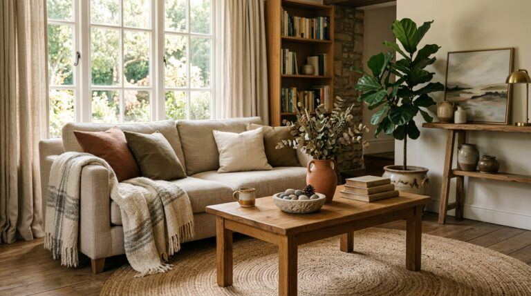 Cozy living room with wood furniture, woven rug, plants, linen curtains, and warm natural light.