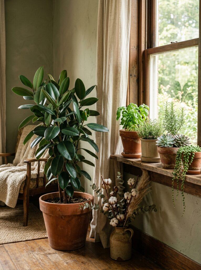 Indoor plants, herbs, terracotta pots, and dried branches adding natural warmth to a home.