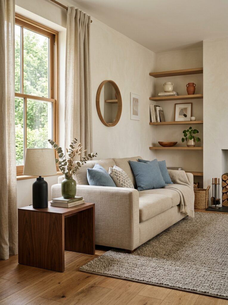 Warm neutral living room with beige seating, earthy accents, soft curtains, and simple hygge decor.
