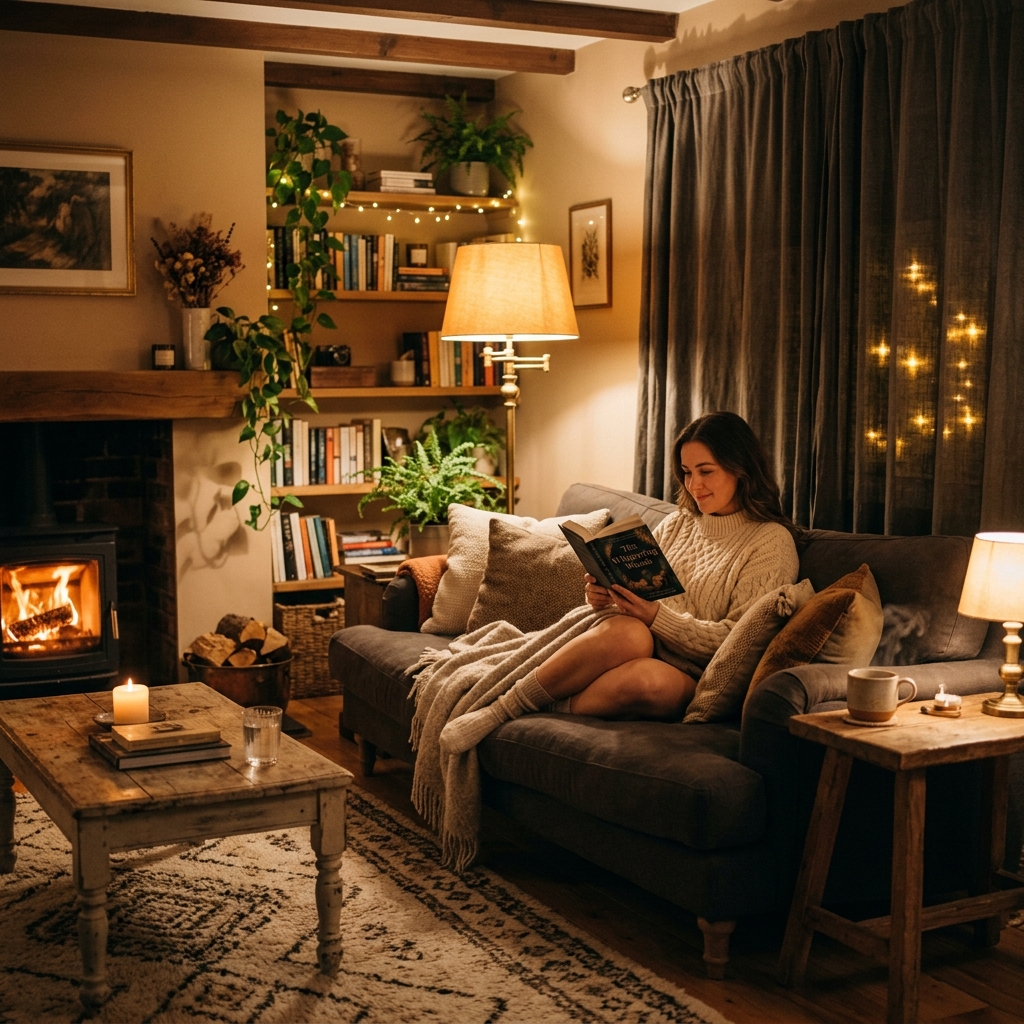 Cozy living room with comfortable furnishings and soft warm lighting