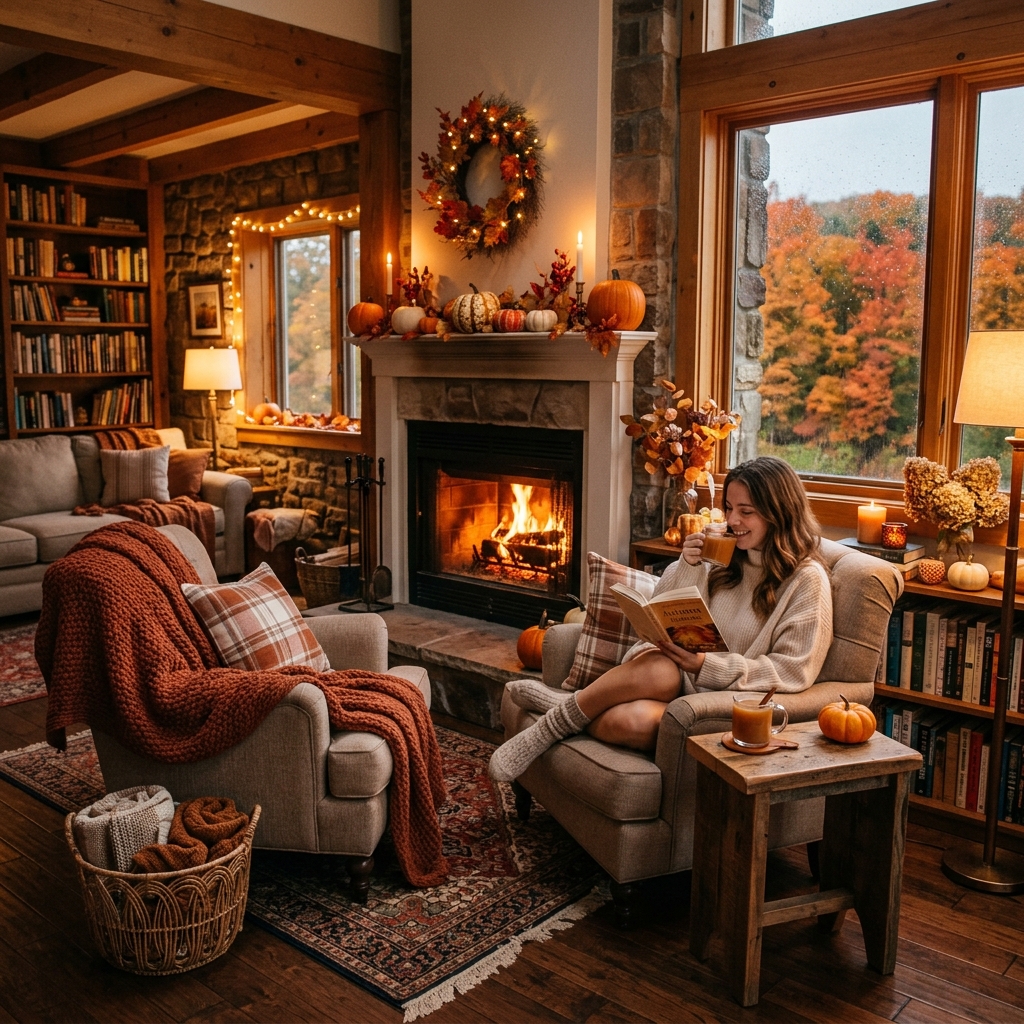 Cozy autumn room decorated with warm fall colors and seasonal details