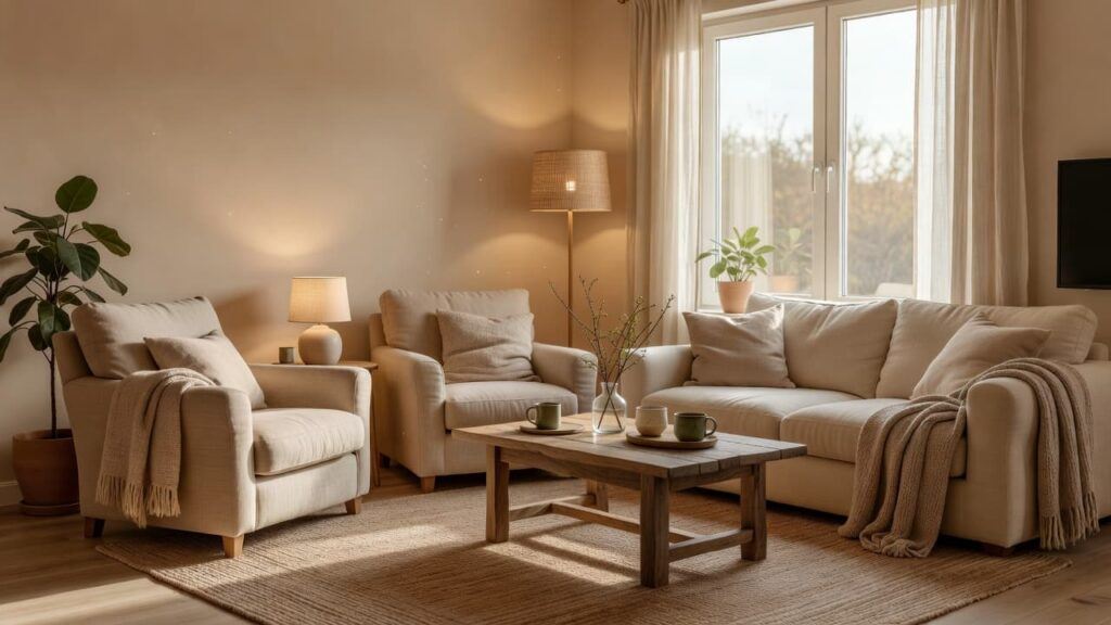 Cozy living room with facing chairs, plants, warm lamps, and soft daylight.