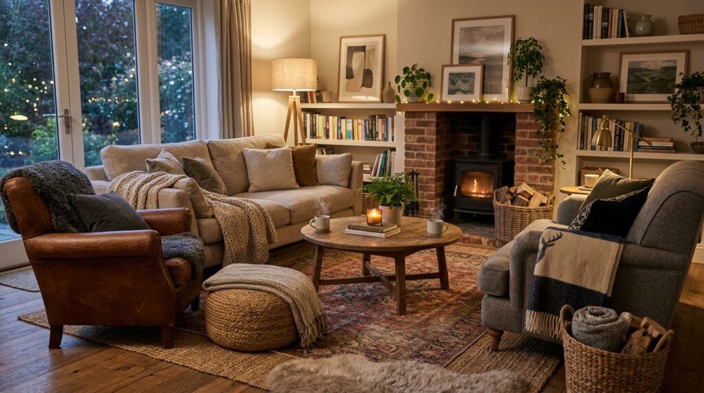 Hygge living room seating arranged for conversation with a sofa, armchairs, pouf, and warm lamps.