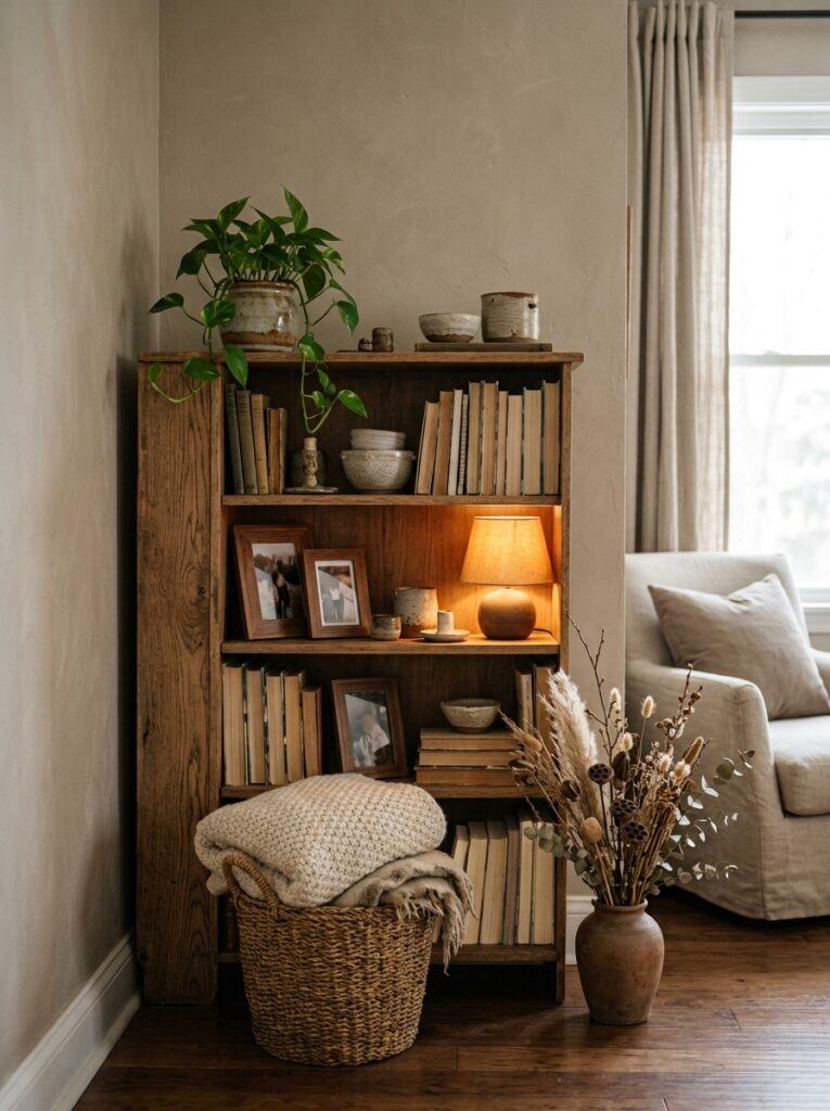 Hygge living room corner with books, ceramics, a plant, woven basket, and meaningful personal decor.
