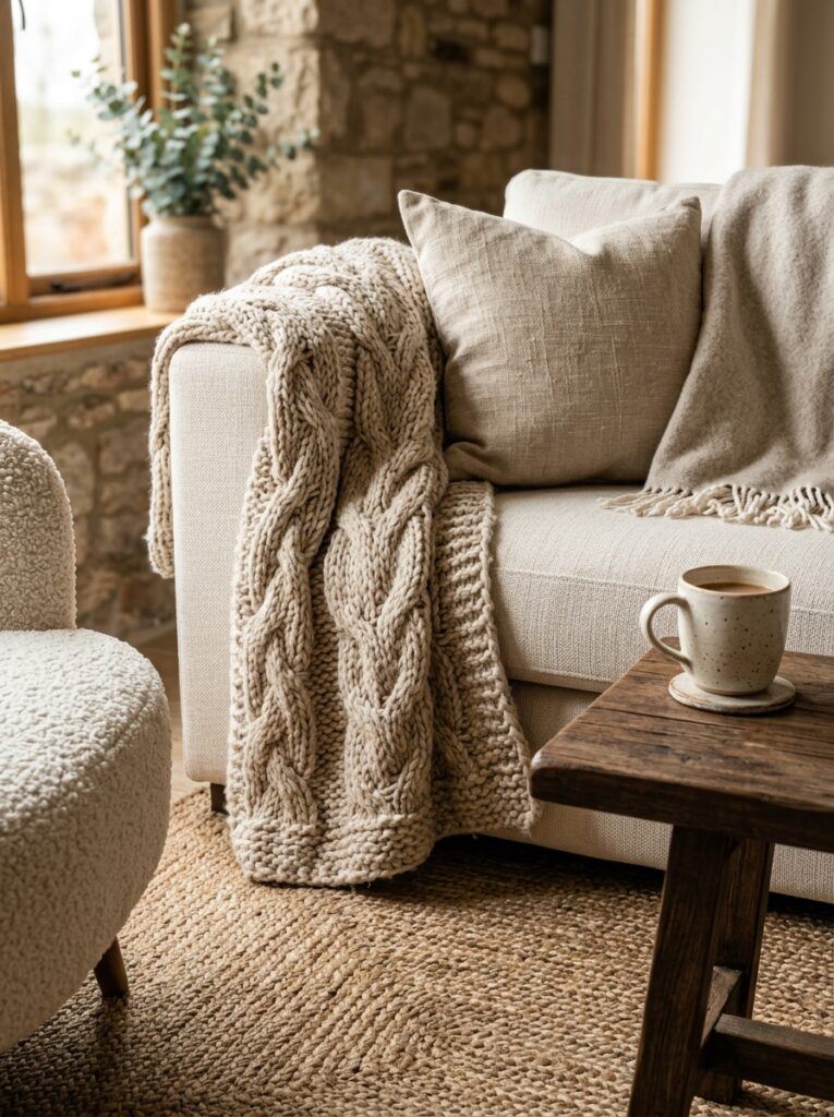 Close-up of hygge living room textures including wool throws, linen pillows, woven rug, and a ceramic mug.