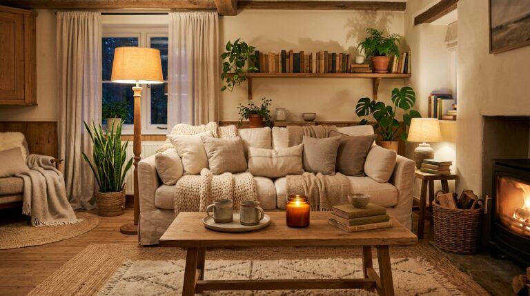 Cozy hygge-inspired living room with warm lighting, soft throws, neutral decor, wood accents, and candles.