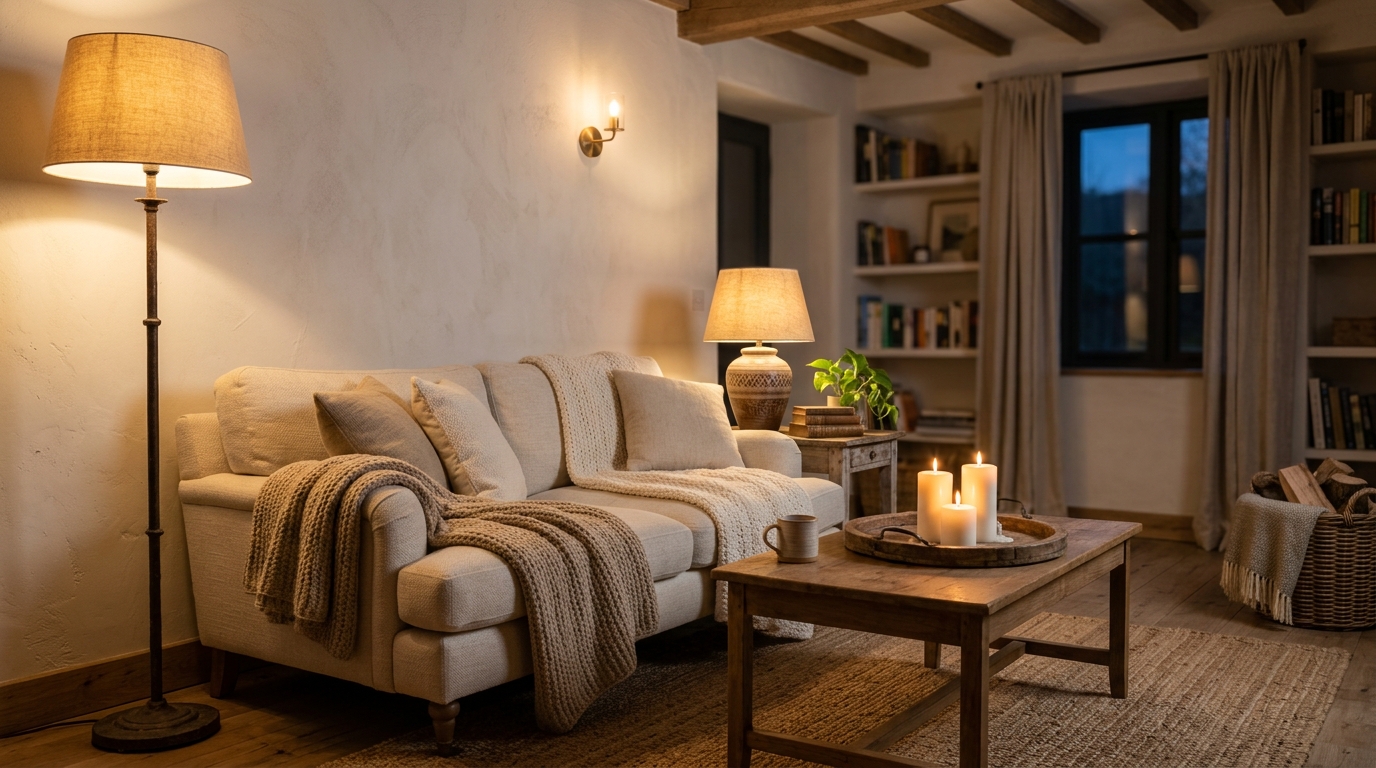 Hygge-inspired living room with layered lighting, comfortable furnishings, and warm natural textures