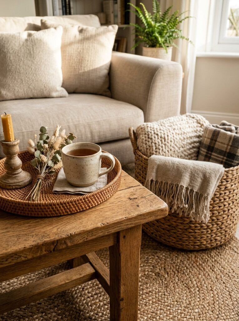 Close-up of wood furniture, woven baskets, jute rug, and soft blankets in a cozy room.