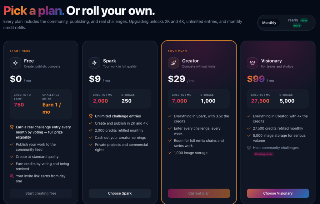 Current prices of the kre8or platform.