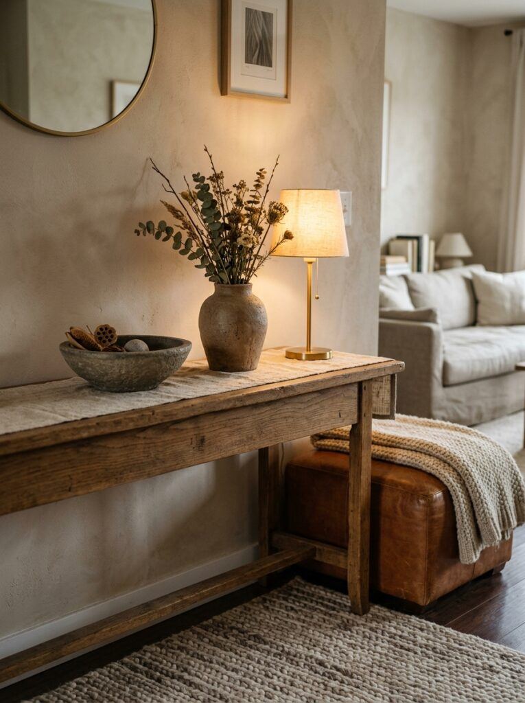 Stone bowl, clay vase, wood table, leather ottoman, and wool rug in a warm natural room.