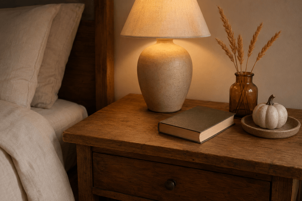 Wooden bedroom nightstand with a warm lamp, amber vase, dried wheat, book and small ceramic pumpkin.