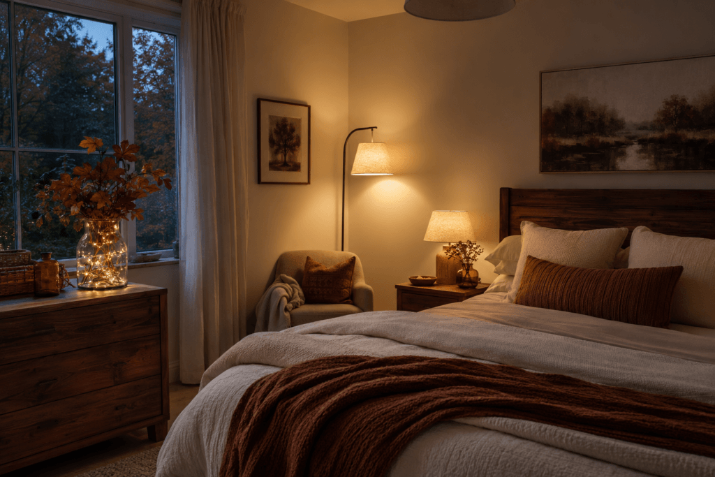Autumn bedroom at dusk with warm bedside and floor lamps, cream bedding and subtle decorative lights in a glass vase.