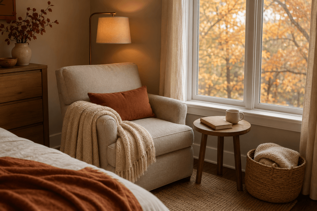 Cozy bedroom reading corner with an upholstered chair, cream throw, rust pillow, floor lamp and woven blanket basket.