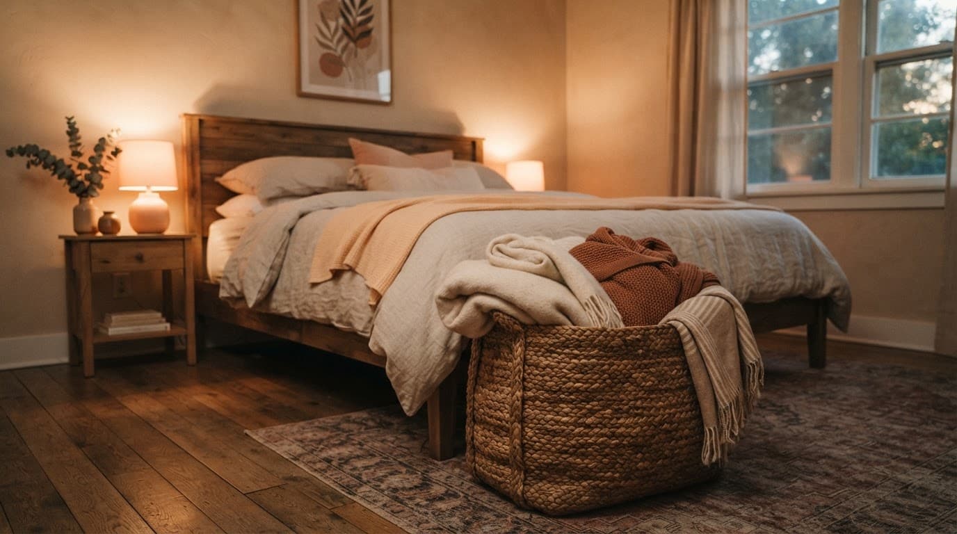 A large jute basket with folded blankets at the foot of a bed in a warm room.