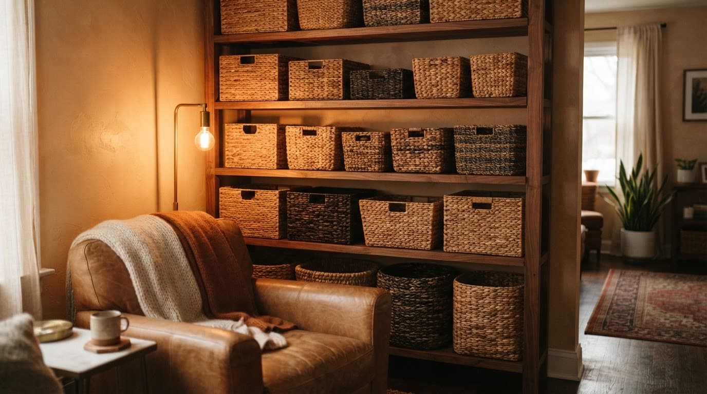 Wooden shelves holding neatly arranged woven wicker baskets in a warm living room corner.