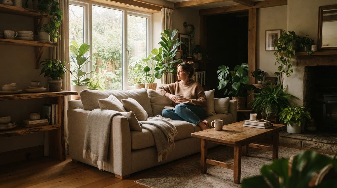 A cozy living room with a neutral sofa, wood furniture, plants, and soft window light.