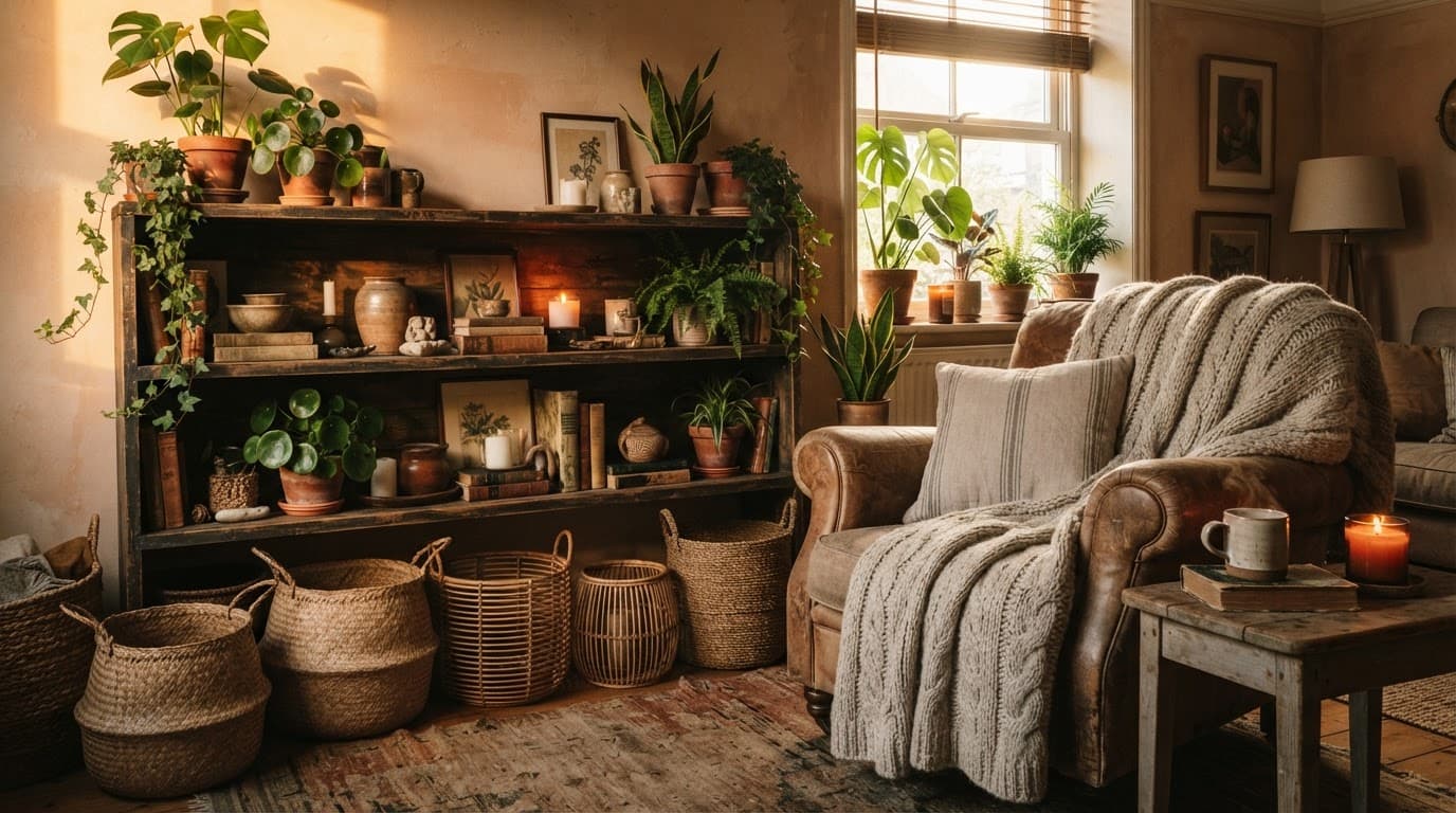 An armchair with a wool blanket next to rustic shelves and plants.