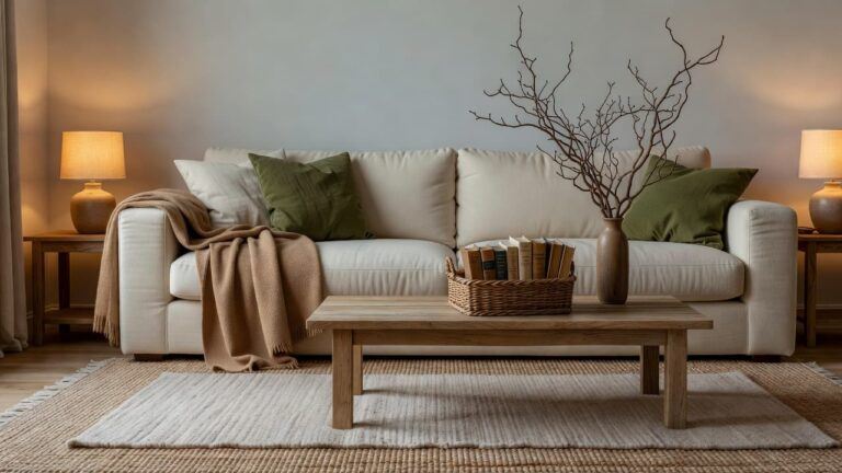 Cozy seasonal living room with a cream sofa, green pillows, wood accents, and warm lamps