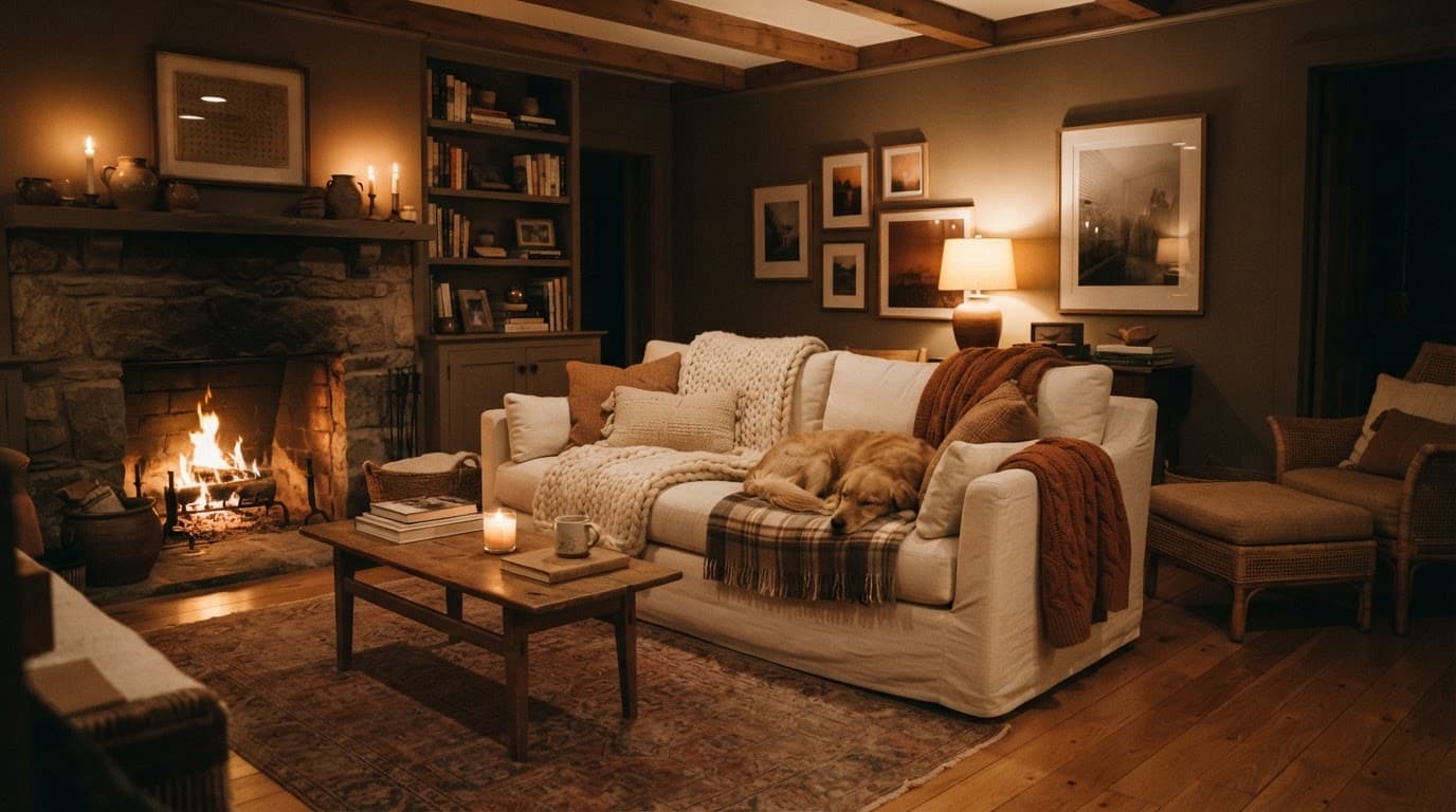 A cream sofa and knitted blankets in a warm living room with a lit fireplace.