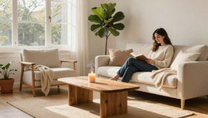 Woman reading beside a leafy plant in a bright, cozy living room.