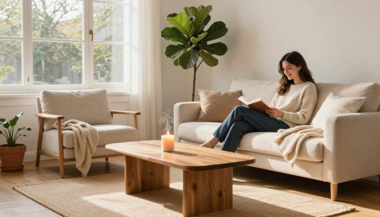 Woman reading beside a leafy plant in a bright, cozy living room.