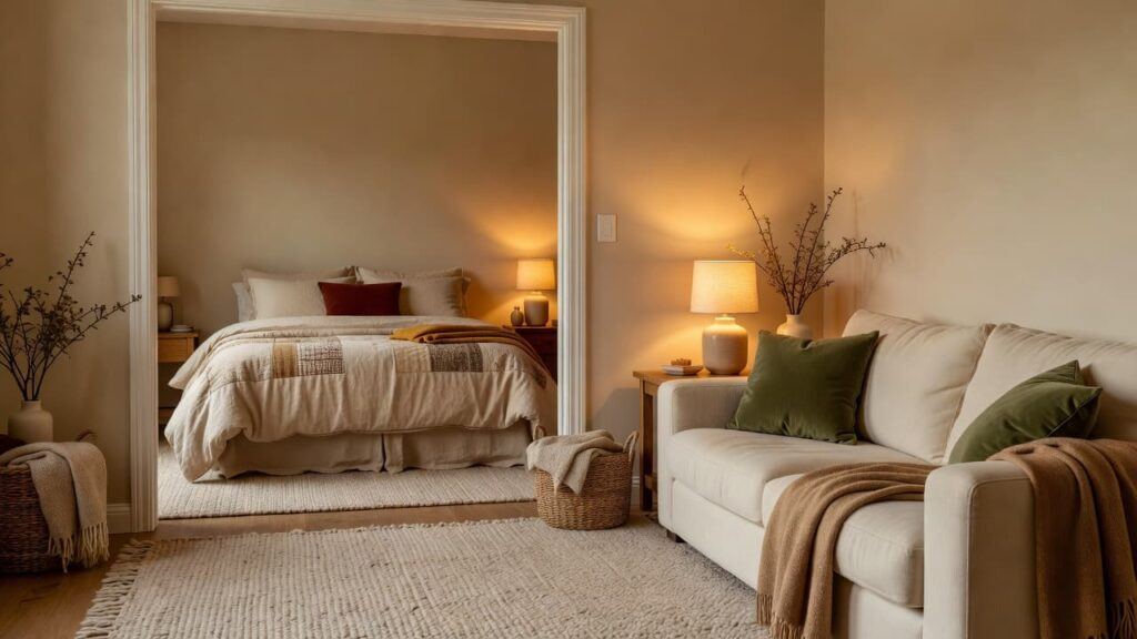 Cozy living room opening into a warm bedroom with layered textiles, soft lighting, and seasonal colors