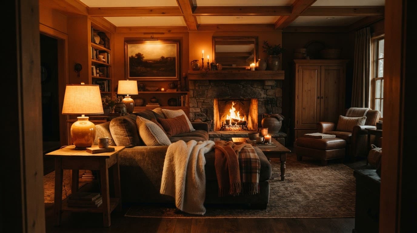 A plush sofa with wool throws, amber lamps, and warm wooden accents.
