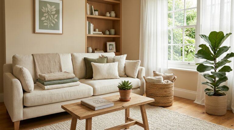 Cluttered living room transformed into a calm, cozy space with a linen sofa, folded throws, wooden coffee table, woven basket, and potted plant in warm natural light.