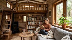 Cozy tiny house interior with sofa, bookshelves, and sleeping loft