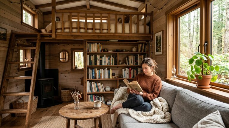 Cozy tiny house interior with sofa, bookshelves, and sleeping loft