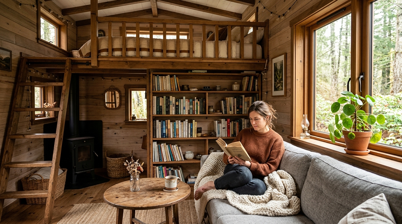 Cozy tiny house interior with sofa, bookshelves, and sleeping loft