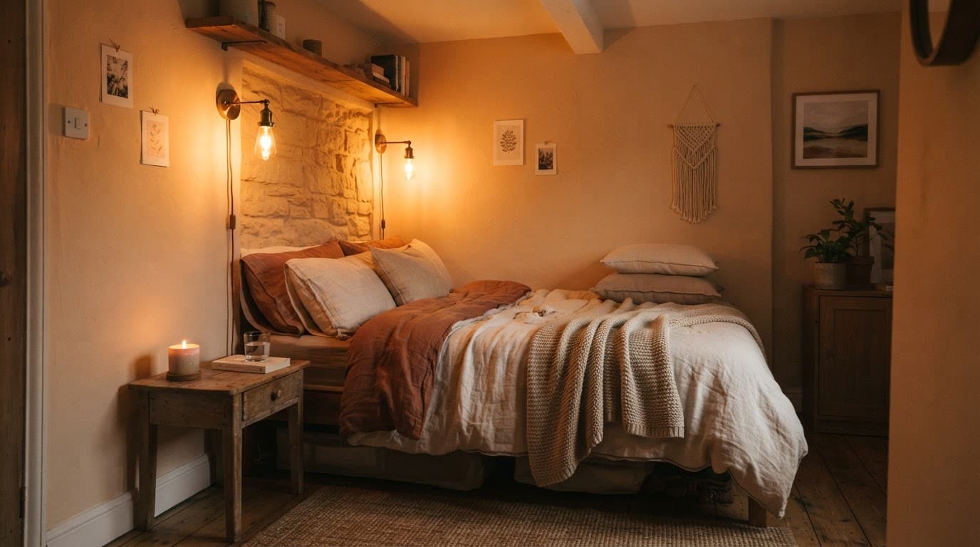A tiny bedroom with soft bedding and warm sconces glowing above the bed.