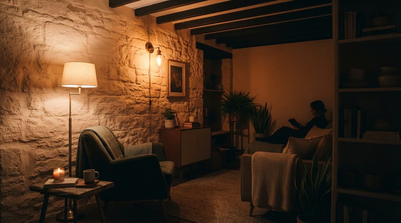 A small living room lit by a floor lamp and glowing wall sconce.