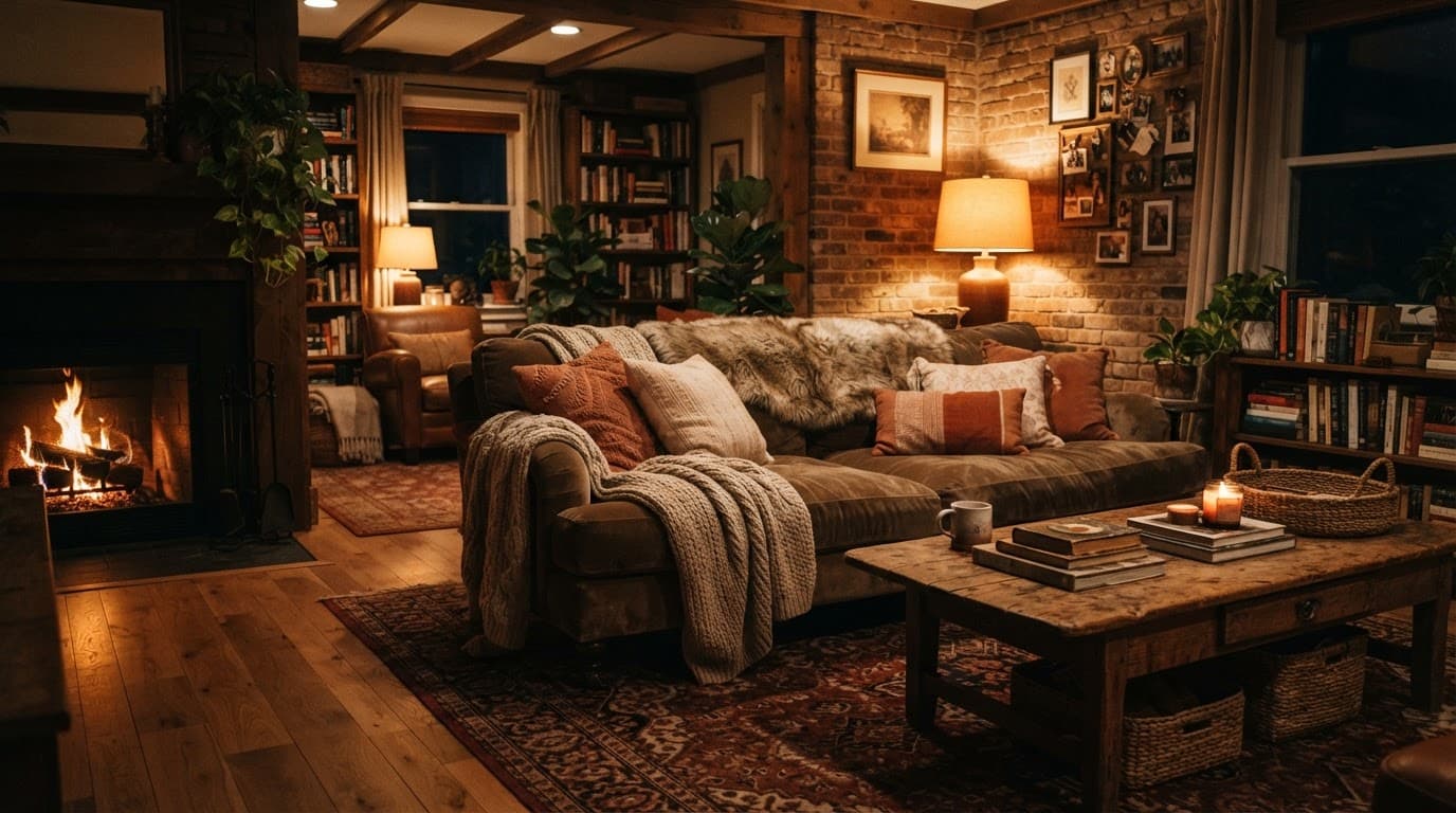 A plush sofa with blankets, lamps, and a wooden coffee table in a warm living room.