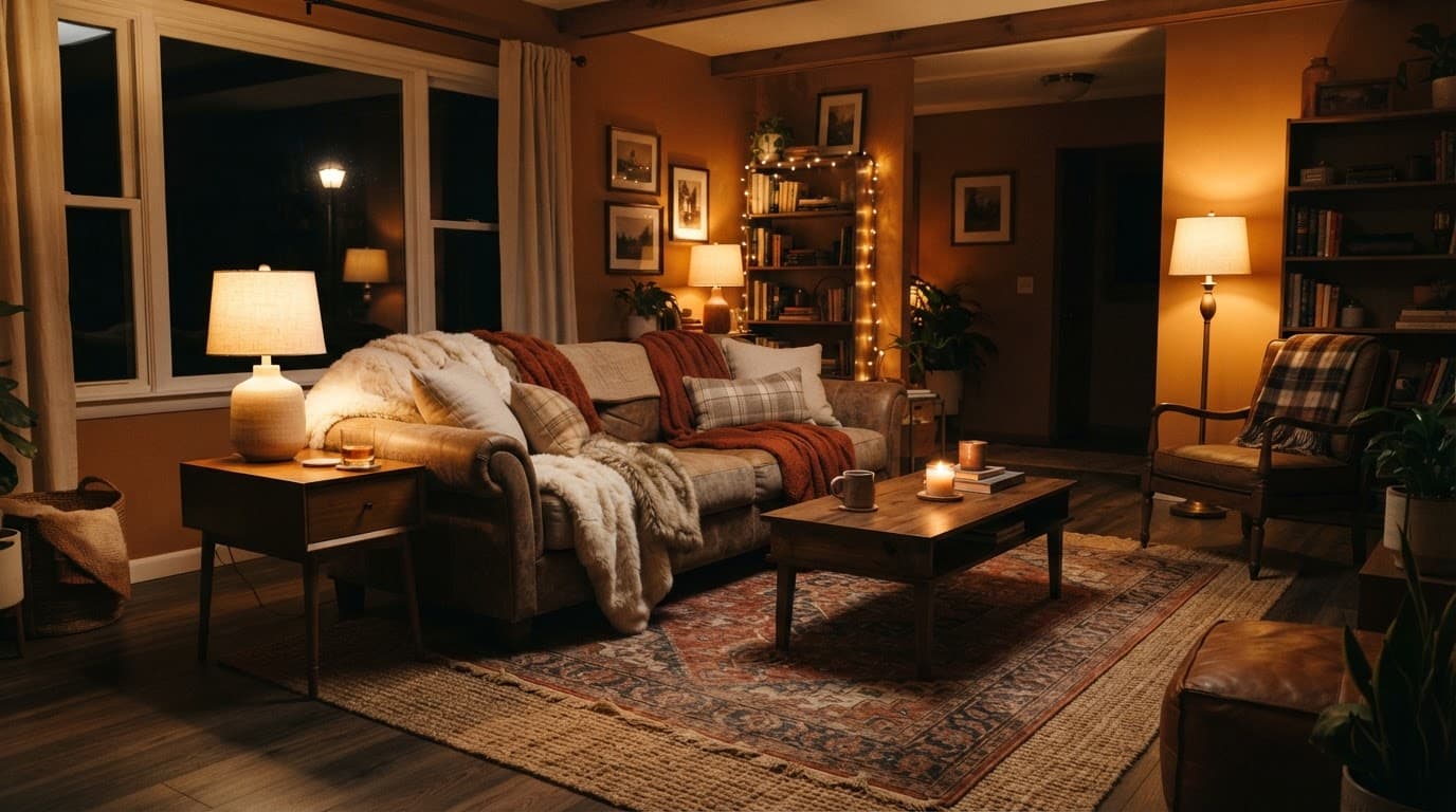 Cozy living room with a blanket-covered sofa, wood furniture, layered rugs, and warm lighting.