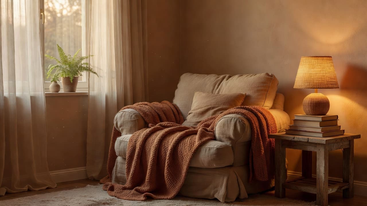 A cozy reading nook with a warm floor lamp, armchair with a knit blanket, stacked books, and a small potted plant