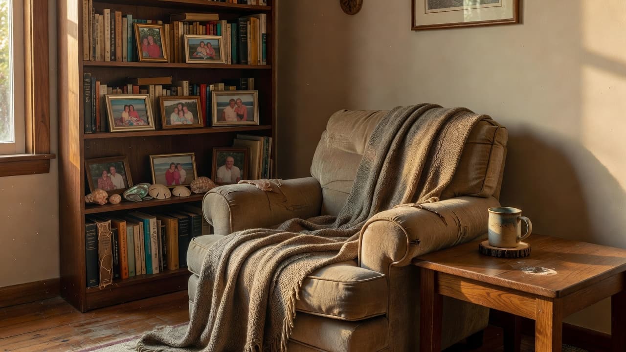 Cozy living room with a blanket-covered chair, mug, books, photos, and seashells