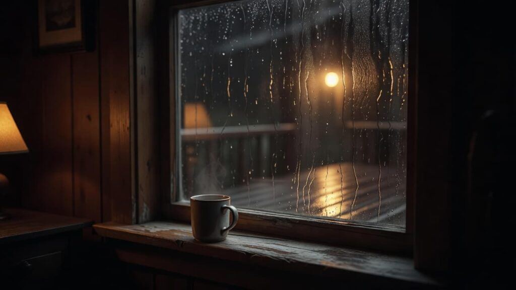 A warm porch light glowing through rain on a window at night, with a coffee mug on a worn wooden sill