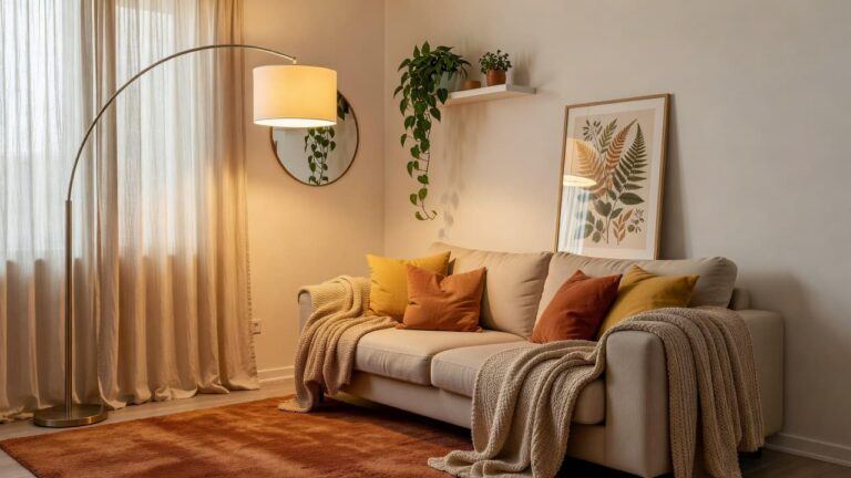 Cozy living room with a beige sofa, rust rug, warm lamp, plants, and cream curtains