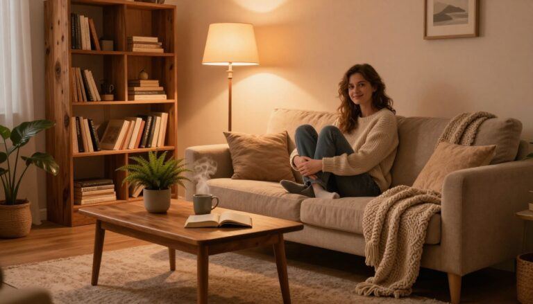 Woman relaxing on a sofa beside a glowing lamp, coffee table, book, mug, and potted fern.