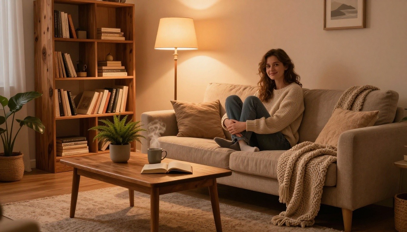 Woman relaxing on a sofa beside a glowing lamp, coffee table, book, mug, and potted fern.