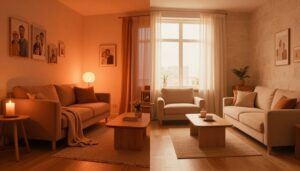 Split living rooms show a cozy sofa area beside a bright, functional seating space.