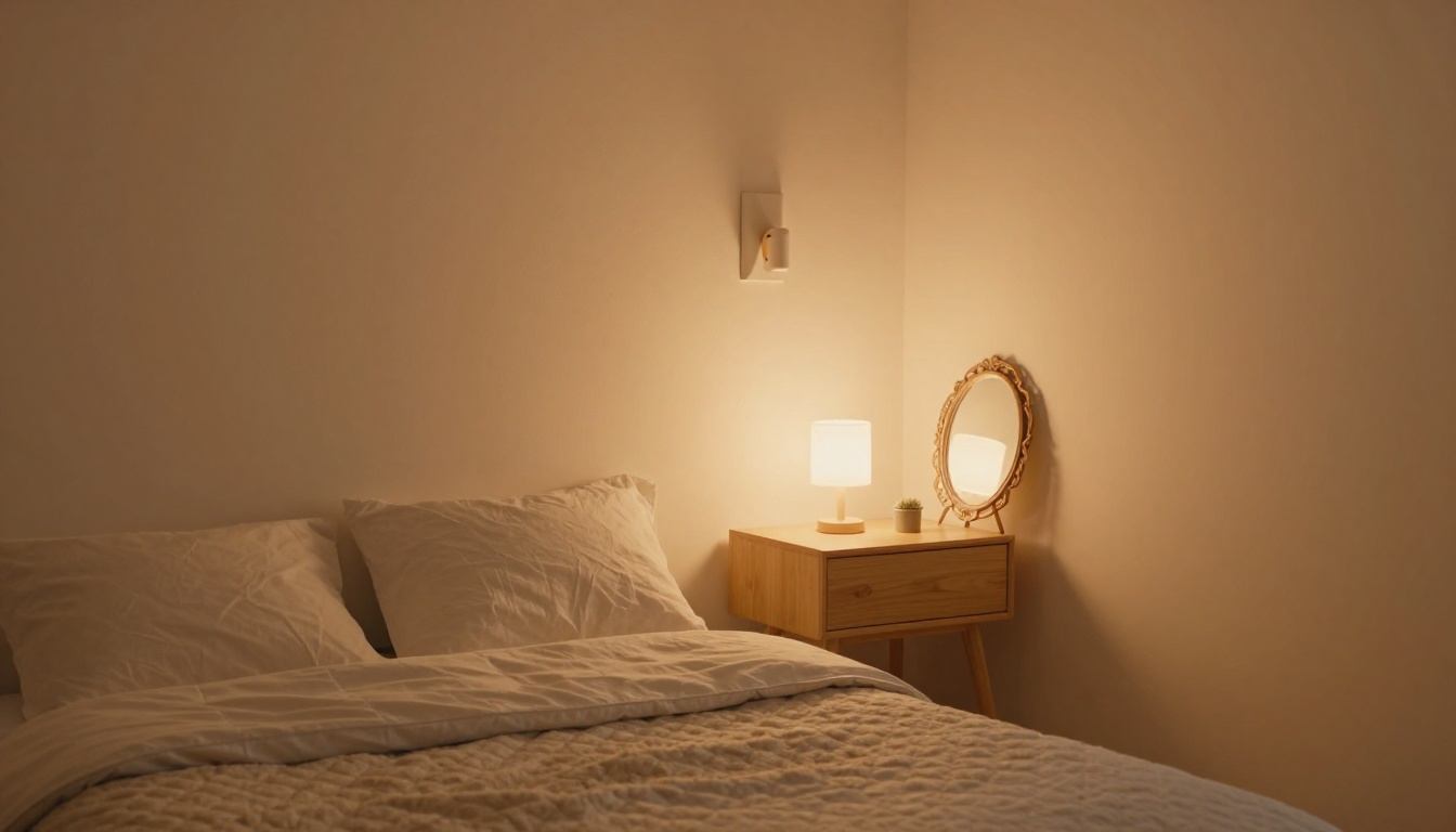 A cozy bedroom corner glowing from a wall sconce and bedside lamp.