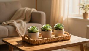 Three potted succulents sit on a tray beside a cozy armchair.