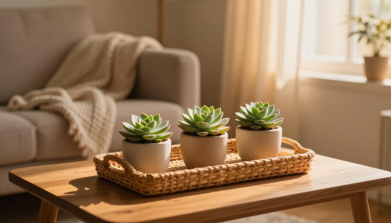 Three potted succulents sit on a tray beside a cozy armchair.