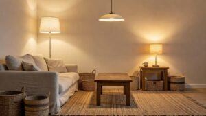 Cozy living room with warm layered lighting from a floor lamp, table lamp, and pendant light at dusk