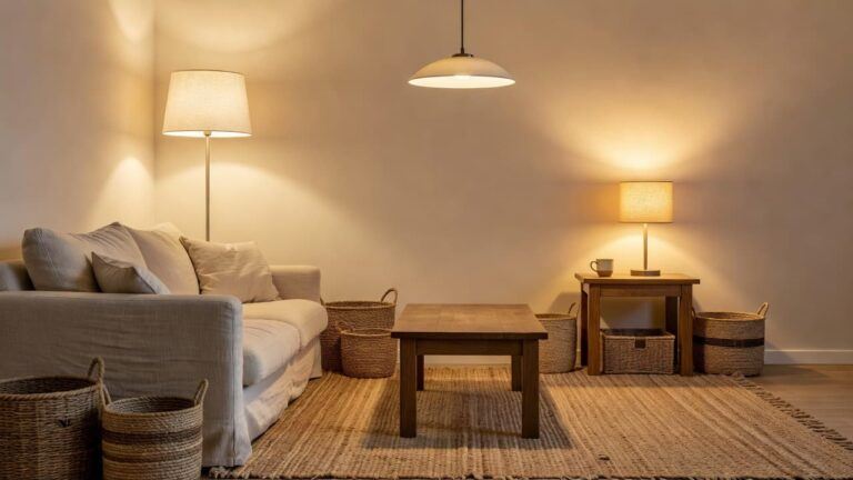 Cozy living room with warm layered lighting from a floor lamp, table lamp, and pendant light at dusk