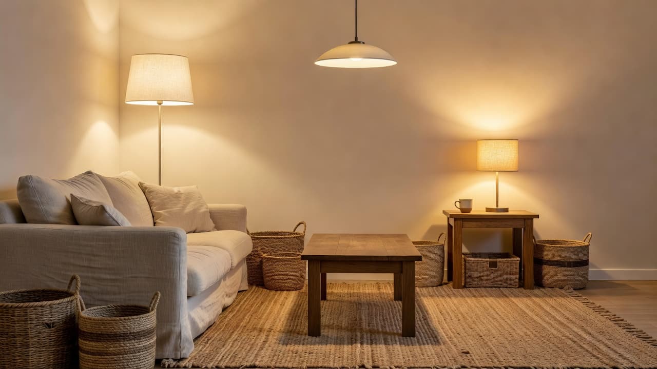 Cozy living room with warm layered lighting from a floor lamp, table lamp, and pendant light at dusk