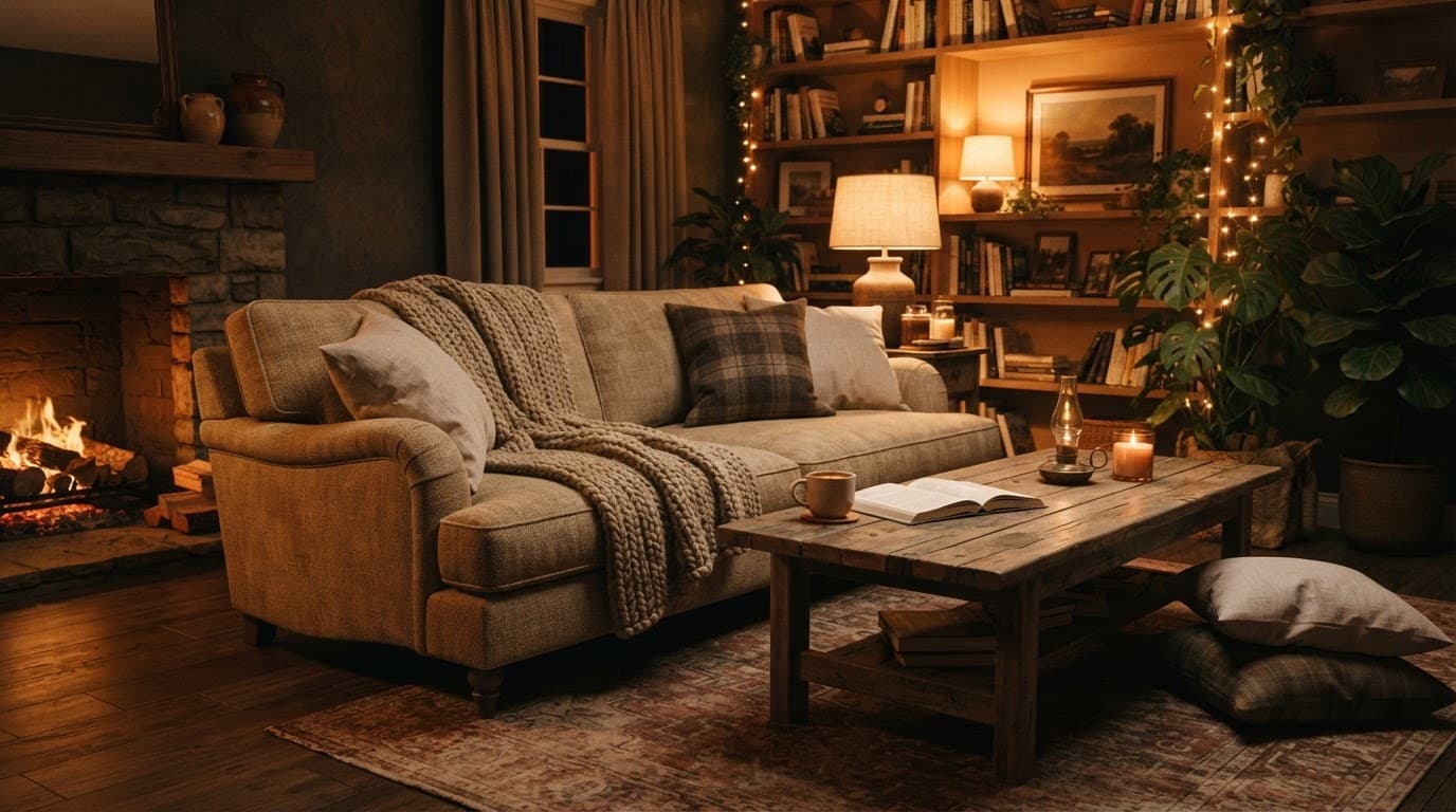 A cozy sofa and wooden coffee table in a warmly lit living room.